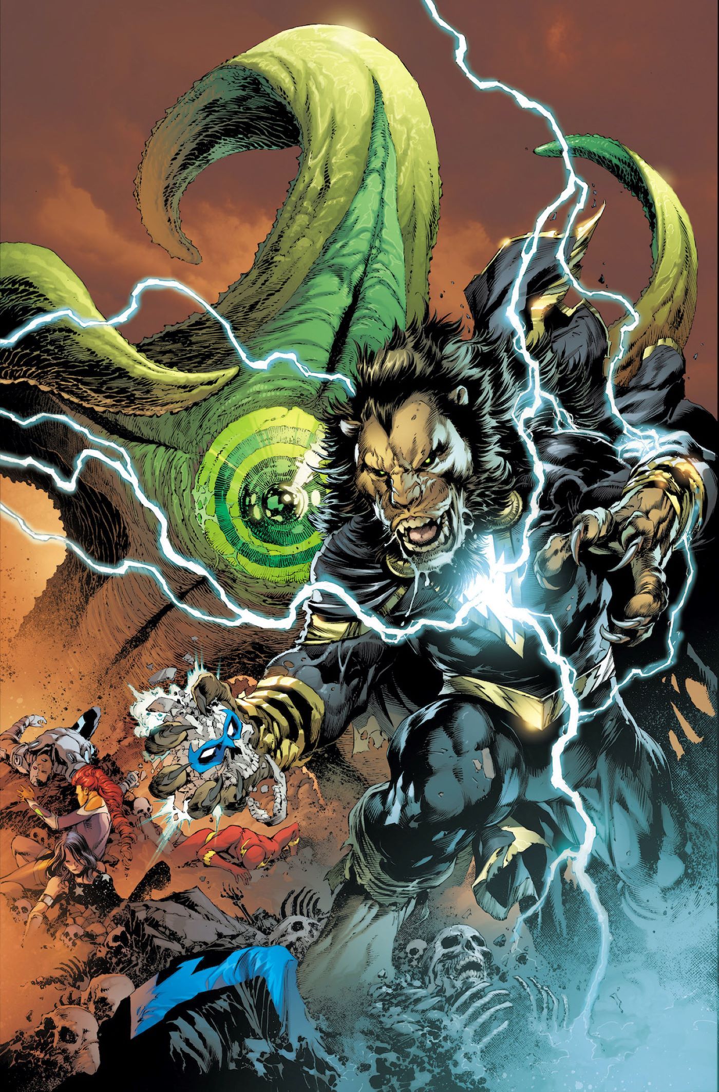 Black Adam in his beast form can be seen ripping Nightwing&rsquo;s head off, Beast Boy as Starro looms in the Background, the other titans appear dead, Raven is missing