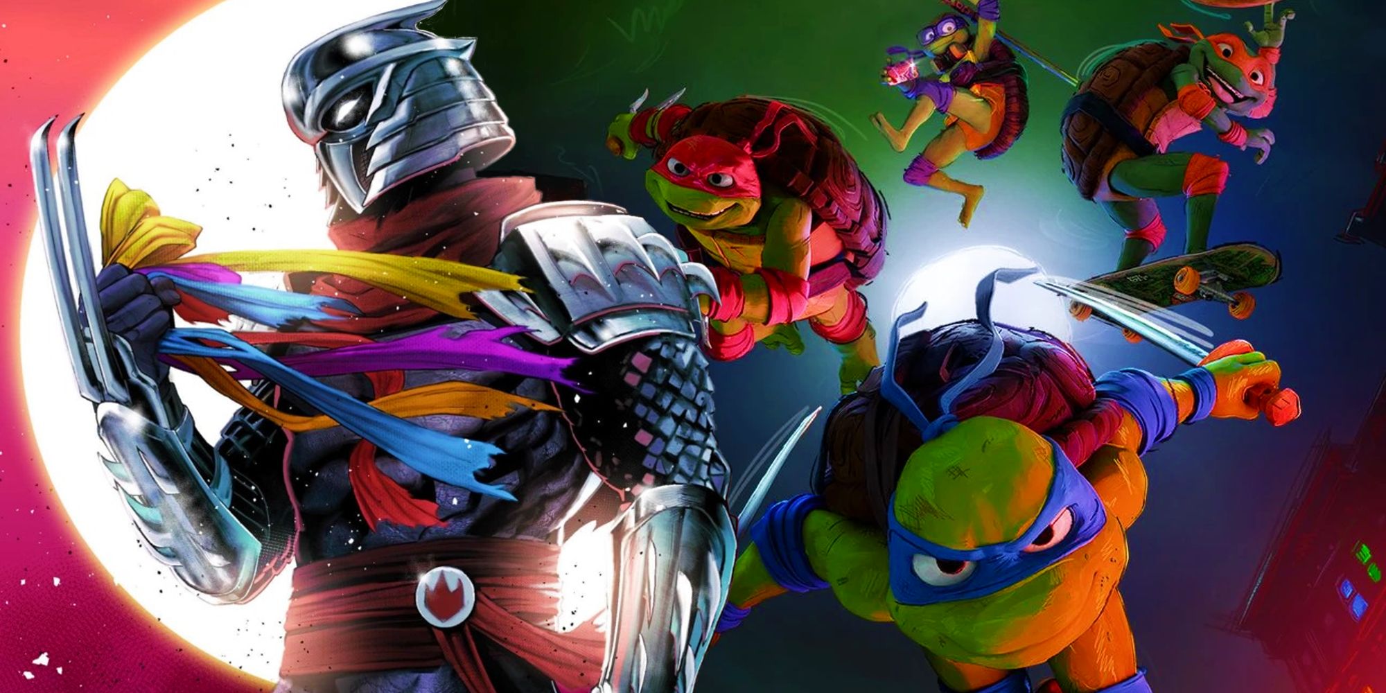 The poster for TMNT Mutant Mayhem next to comic artwork of Shredder