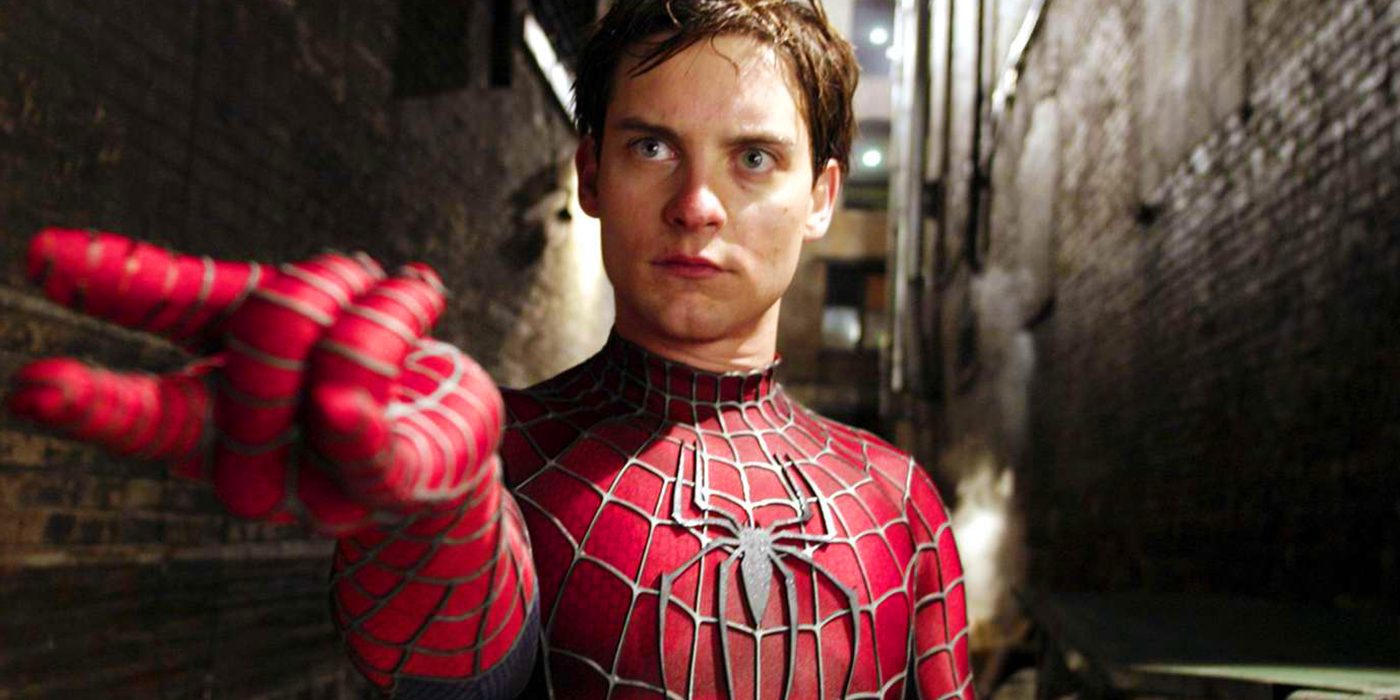 Tobey Maguire&rsquo;s Peter Parker extending hand to use powers in Spider-Man