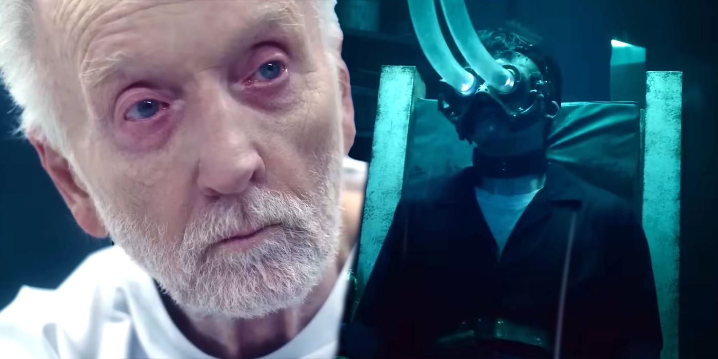 A composite image of Tobin Bell as John Kramer with Eye Trap in Saw X