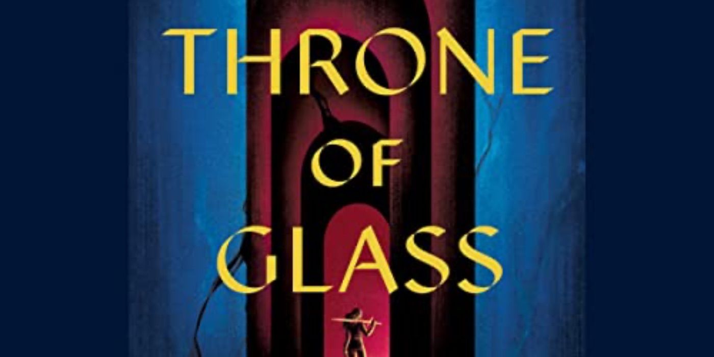 The cover for Throne of Glass by Sarah J. Maas showing a doorway and a woman with a sword over her shoulder