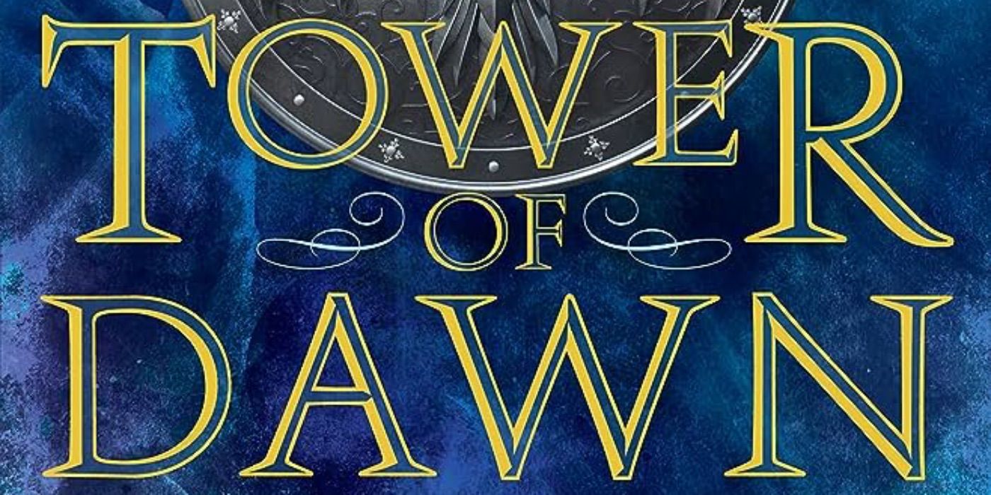 La portada del libro Tower of Dawn de Sarah J. Maas con el título en letras amarillas