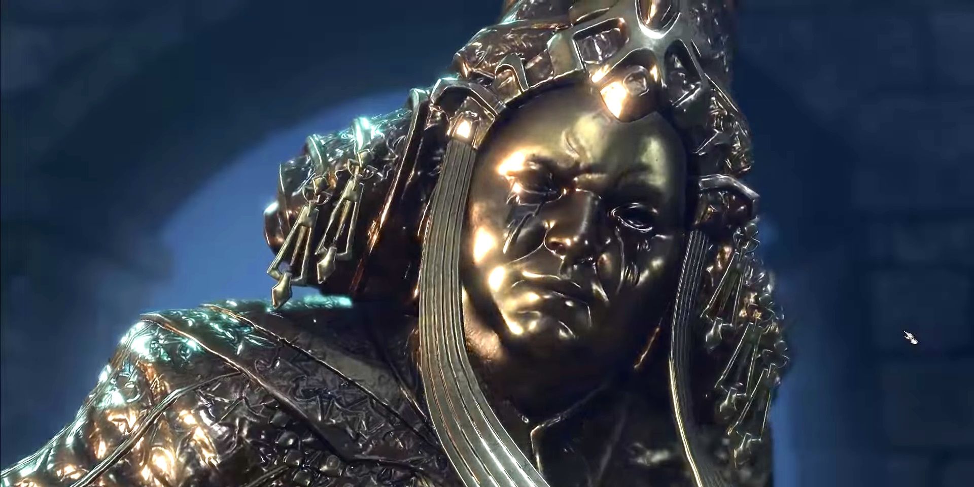 The solid gold Toll Collector of Baldur&rsquo;s Gate 3 as they confront the party