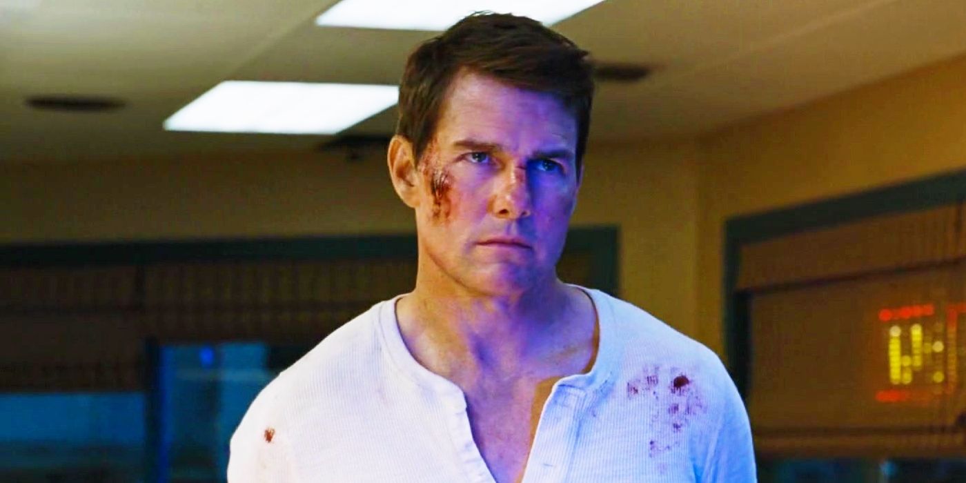 Tom Cruise with a cut on his face in Jack Reacher: Never Go Back.
