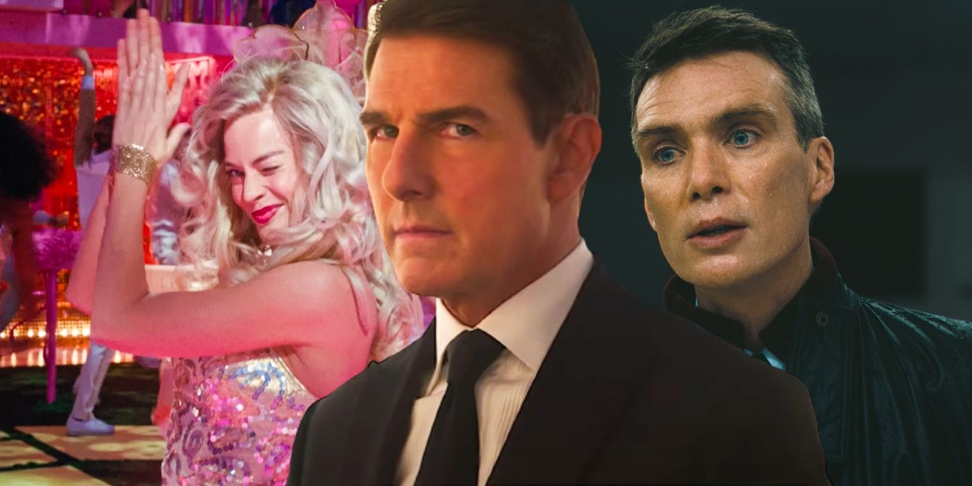 Custom image of Tom Cruise in Mission: Impossible 7 flanked by Margot Robbie in Barbie and Cillian Murphy in Oppenheimer.