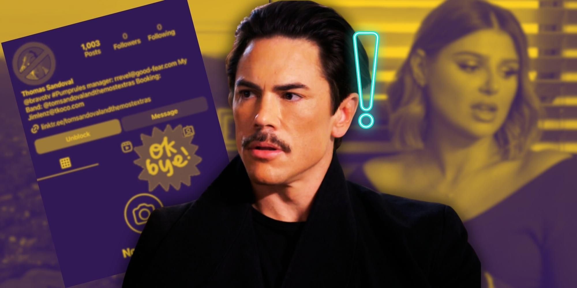 Vanderpump Rules' Tom Sandoval &amp; Raquel Leviss, with blocked Instagram page and exclamation point