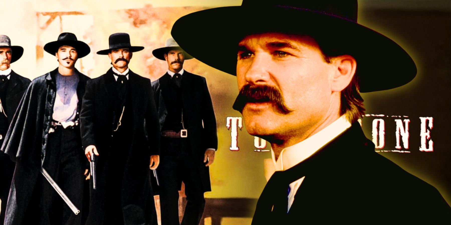Kurt Russell in Tombstone with movie poster background