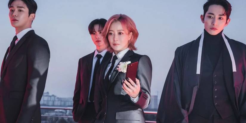 The main cast of the K-drama Tomorrow wearing suits