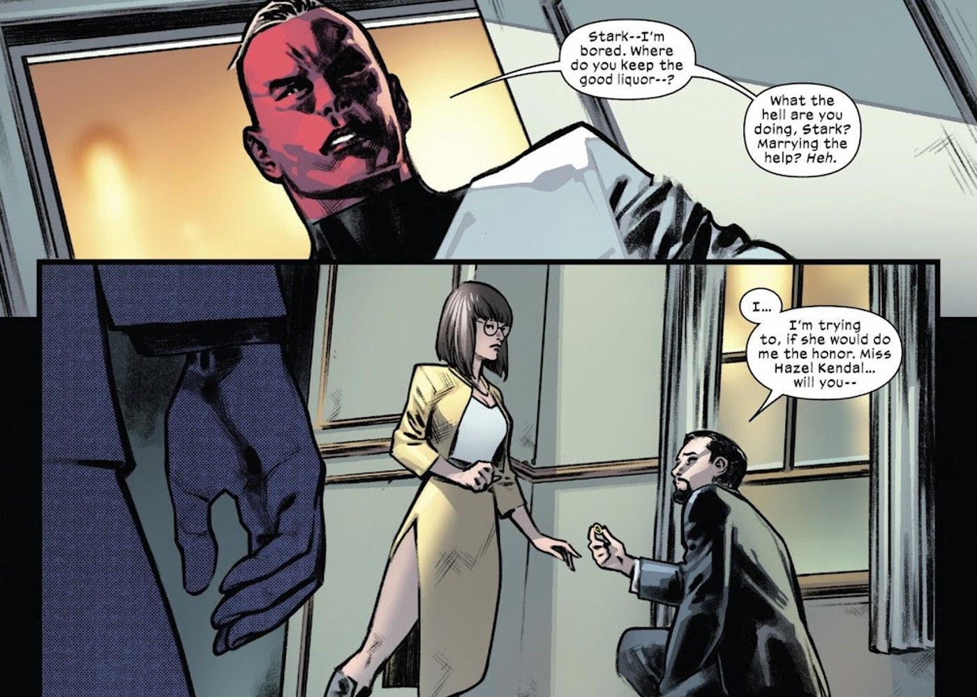 Tony Stark Iron Man proposes to Emma Frost in front of Feilong, panels from X-Men #26