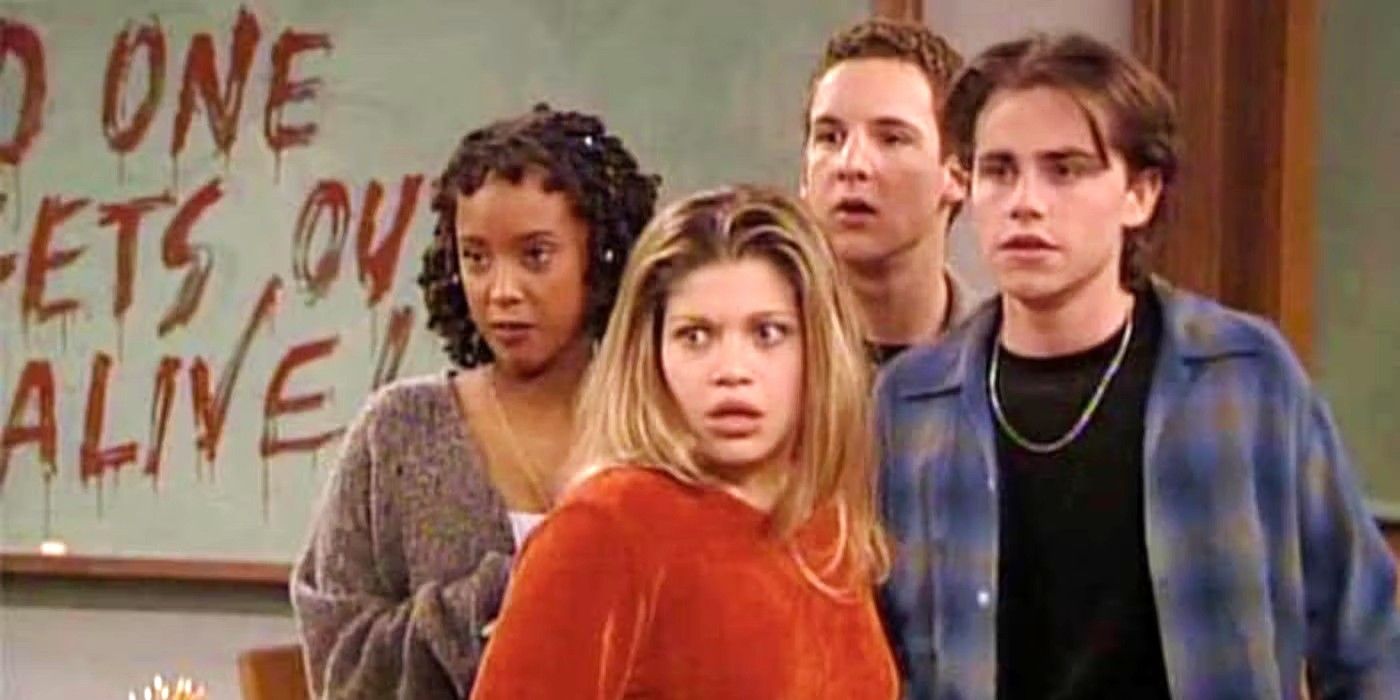 Topanga, Angela, Cory, and Shawn looking concerned in Boy Meets World