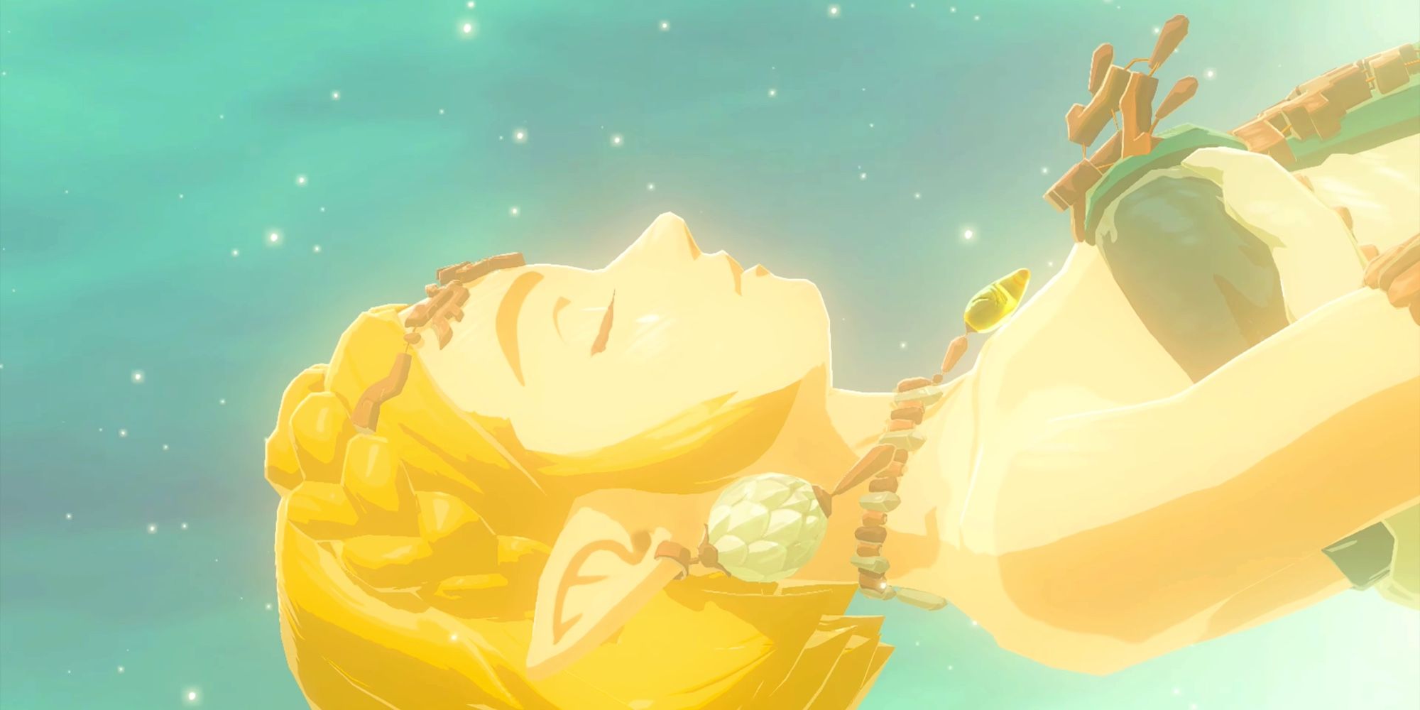 Princess Zelda floating in midair, prone, eyes closed, and shown in profile. She's surrounded by points of golden light and teal clouds.