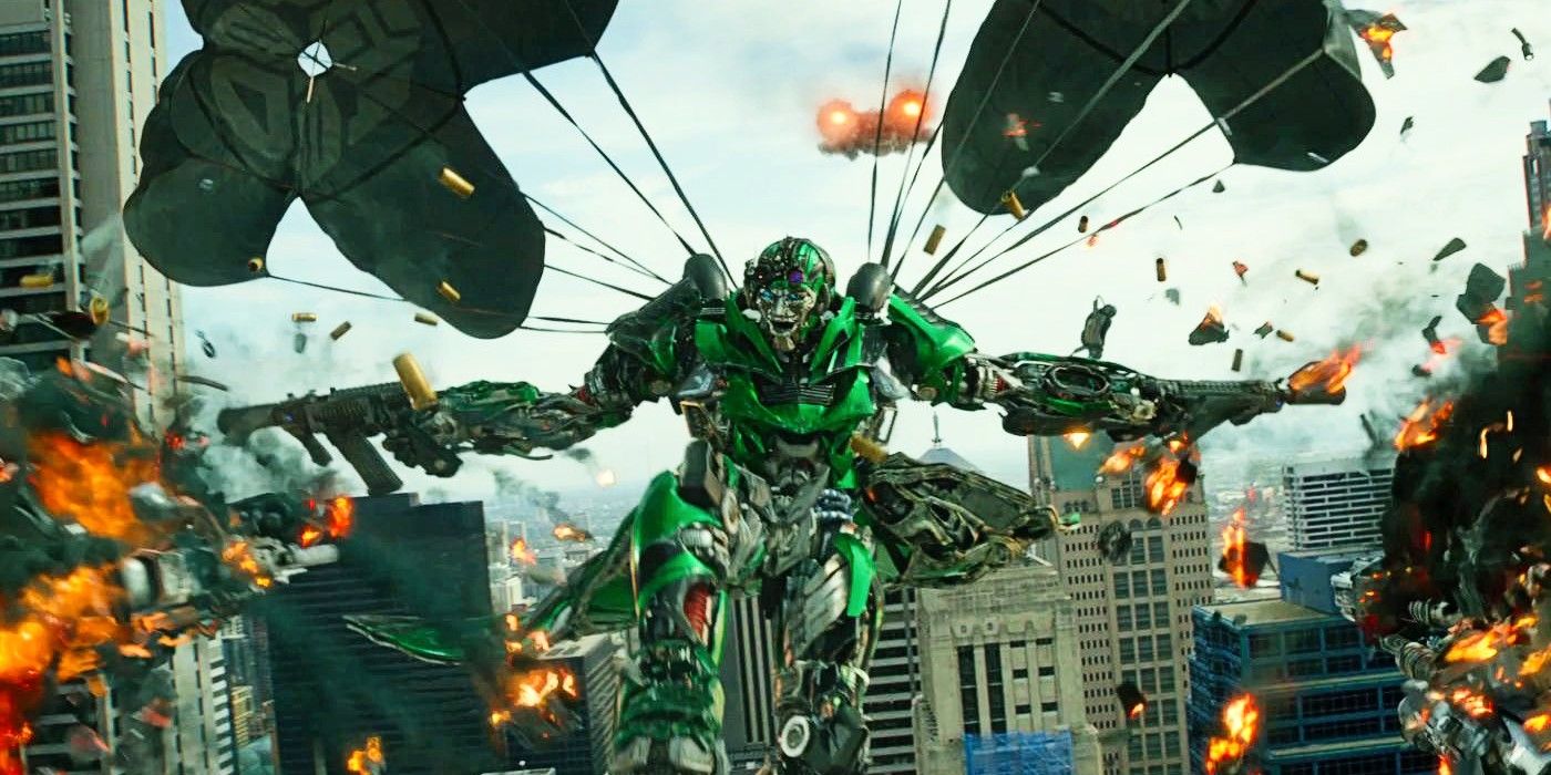 Crosshair saltando de pára-quedas em Transformers Age of Extinction