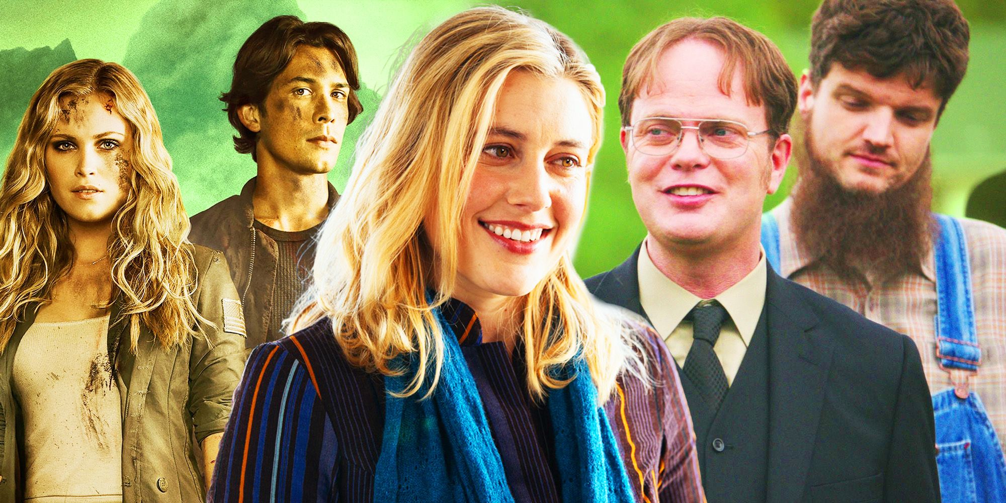 Collage of failed TV spinoffs: The 100, Greta Gerwig in How I Met Your Dad, Dwight Schrute&rsquo;s The Farm from The Office.
