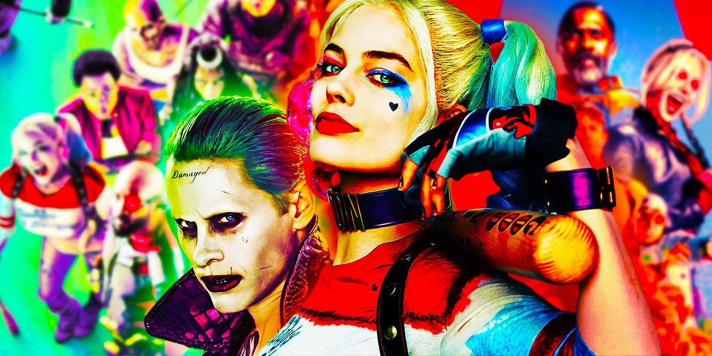 Harley Quinn and the Joker from Suicide Squad with the blurred posters of 2021's The Suicide Squad and 2016's Suicide Squad in the background