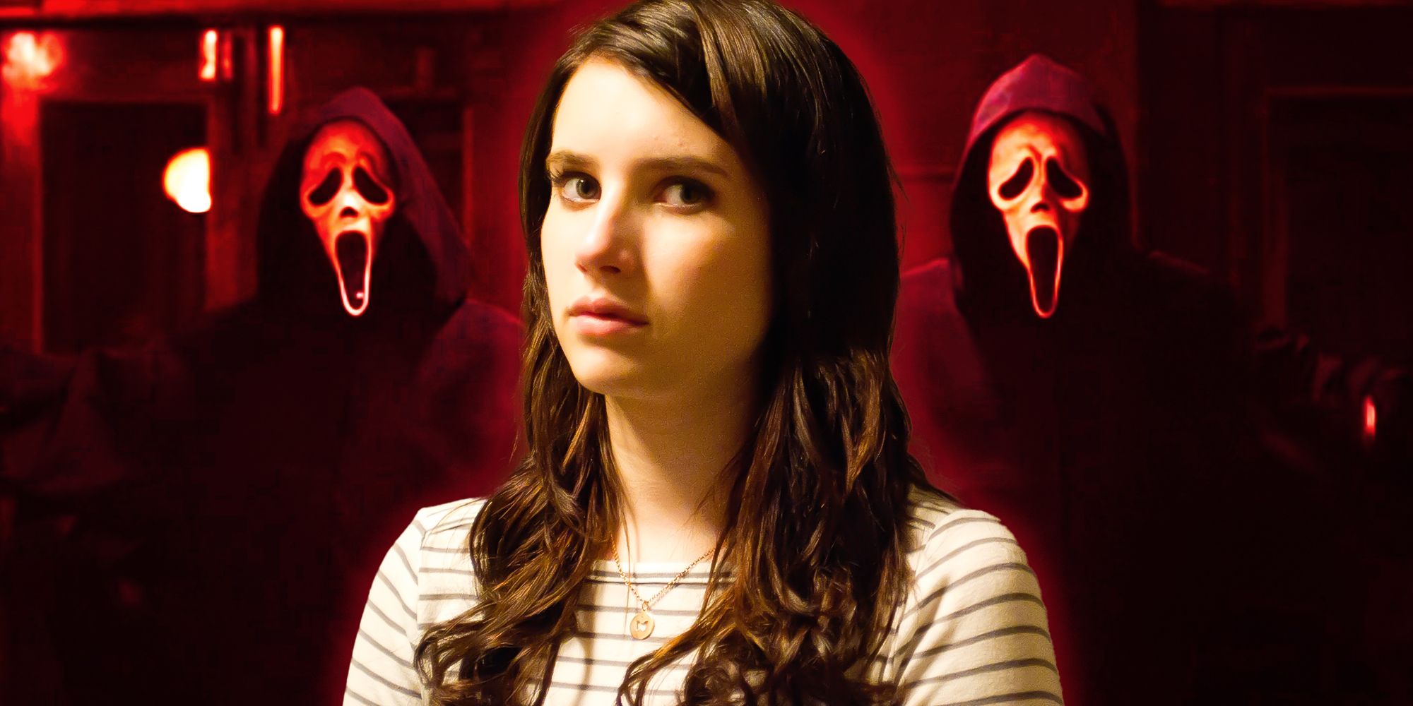Emma Roberts as Jill in Scream 4 with Ghostfaces from Scream 6 in background
