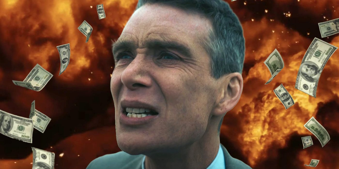 Oppenheimer clinching his teeth with the explosion in the background and money flying