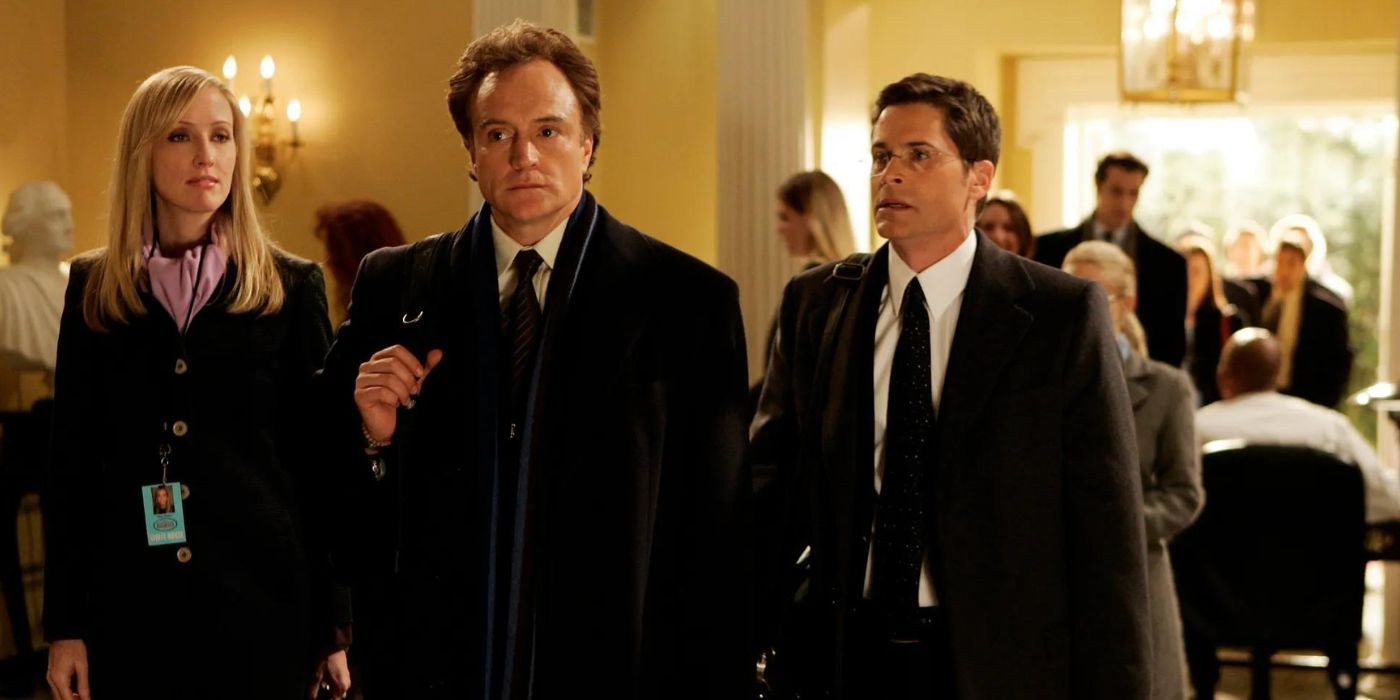 Janel Moloney, Bradley Whitford, and Rob Lowe as Donna, Josh, and Sam in The West Wing