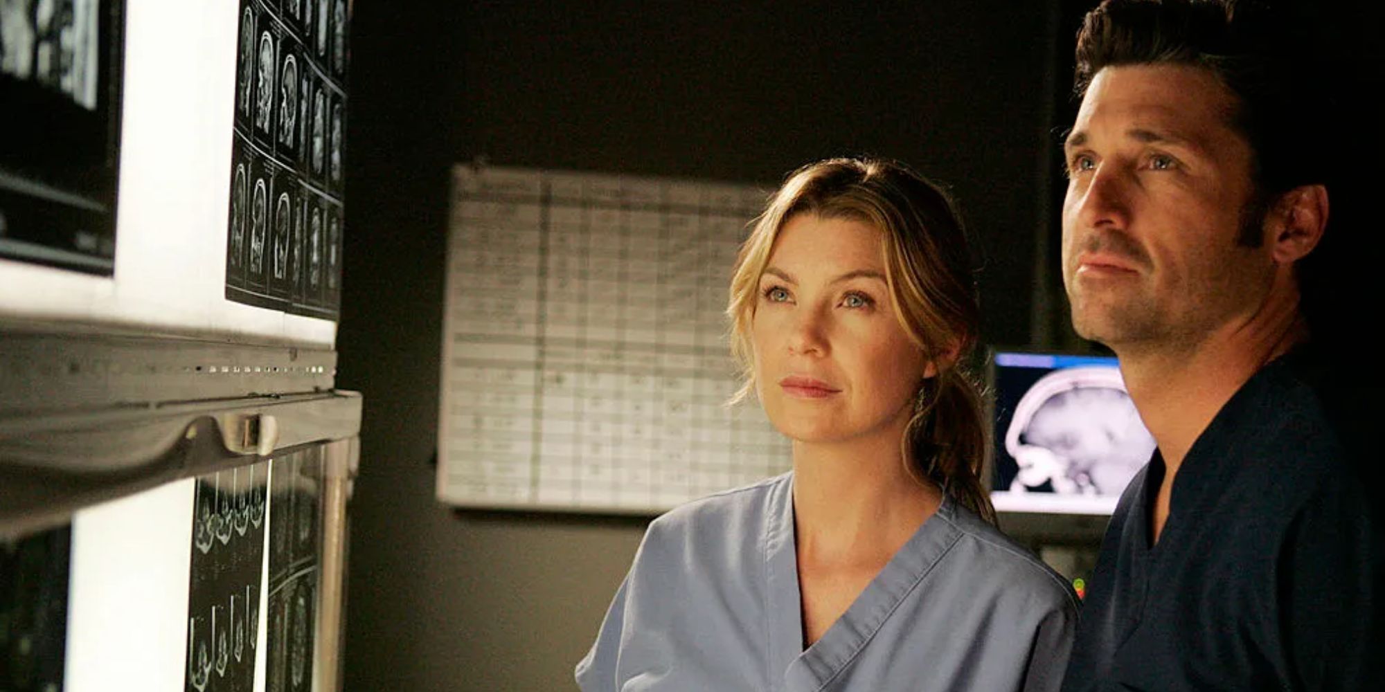 Meredith and Derek look at scans in Greys Anatomy.