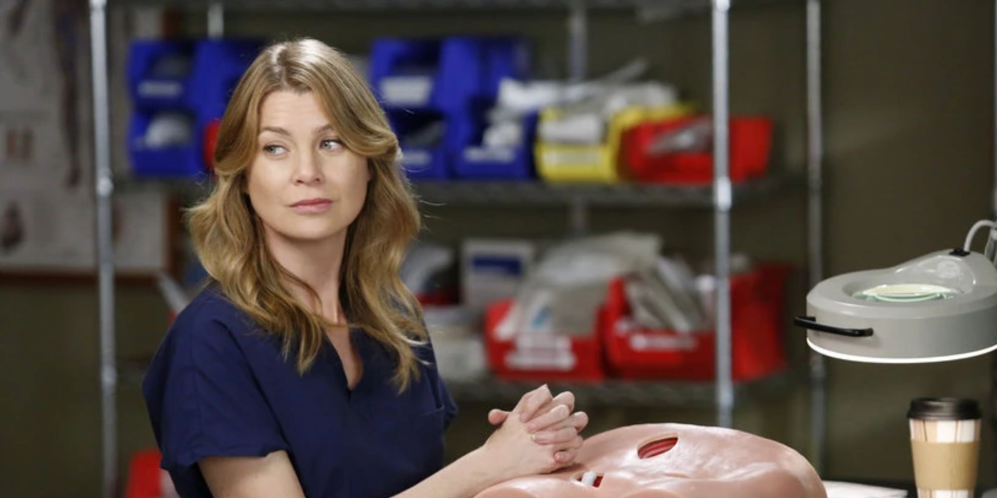 Meredith Grey is in her scrubs in Grey's Anatomy.