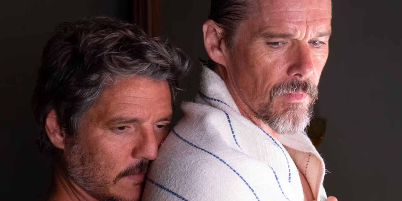 Pedro Pascal holds Ethan Hawke in Strange Way Of Life