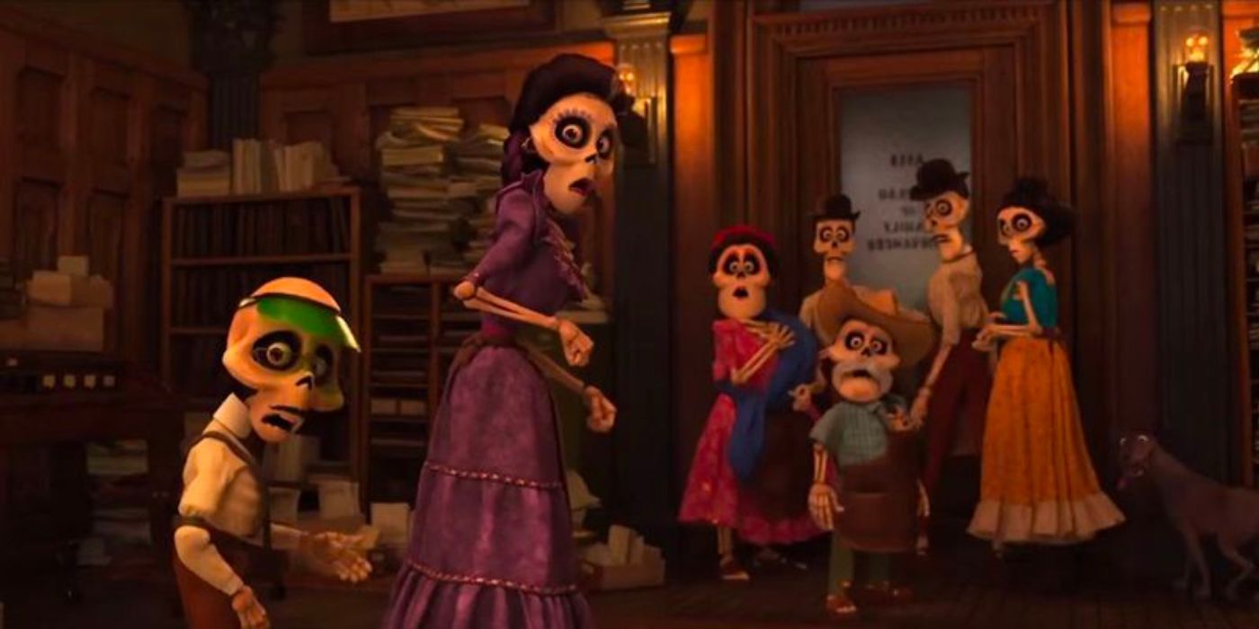 The family is standing together in Coco. 