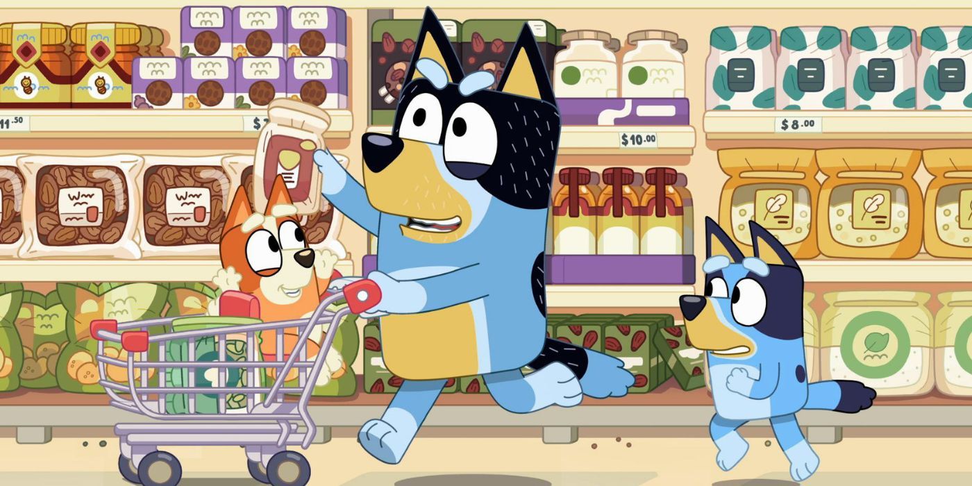 Bingo, Bandit and Bluey in the grocery store