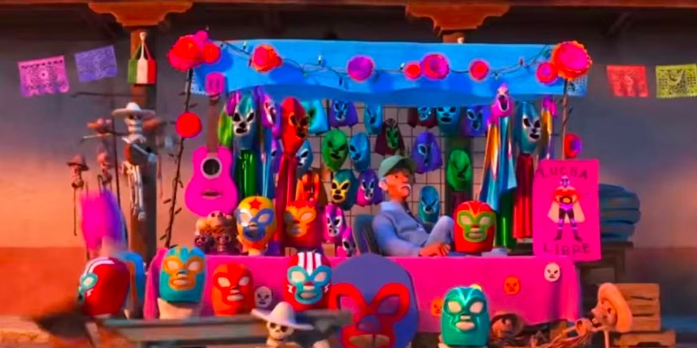 A stand of wrestling masks from Coco is pictured. 