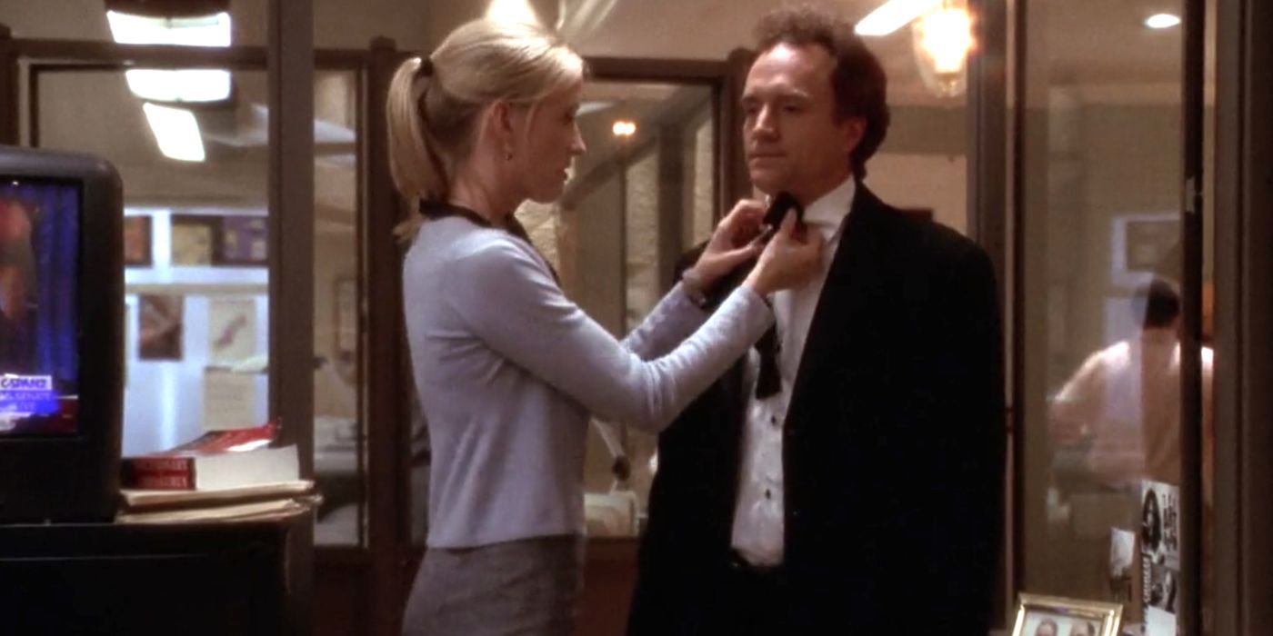Donna adjusts Josh's bow tie in The West Wing