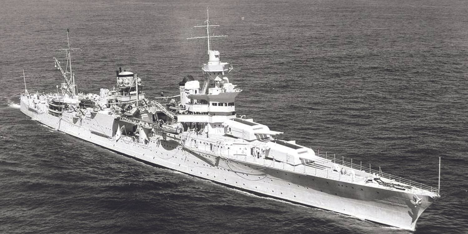 A black and white image of the USS Indianapolis at sea during WWII.