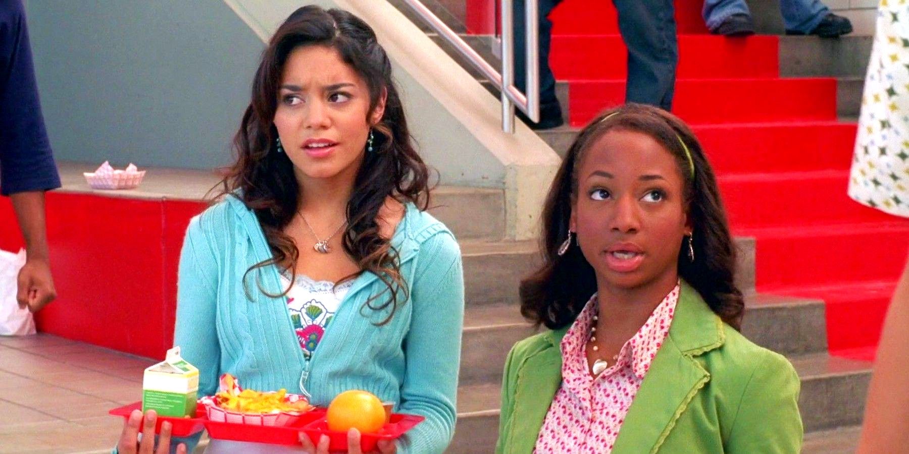 Vanessa Hudgens and Monique Coleman as Gabriella and Taylor at the cafeteria in High School Musical