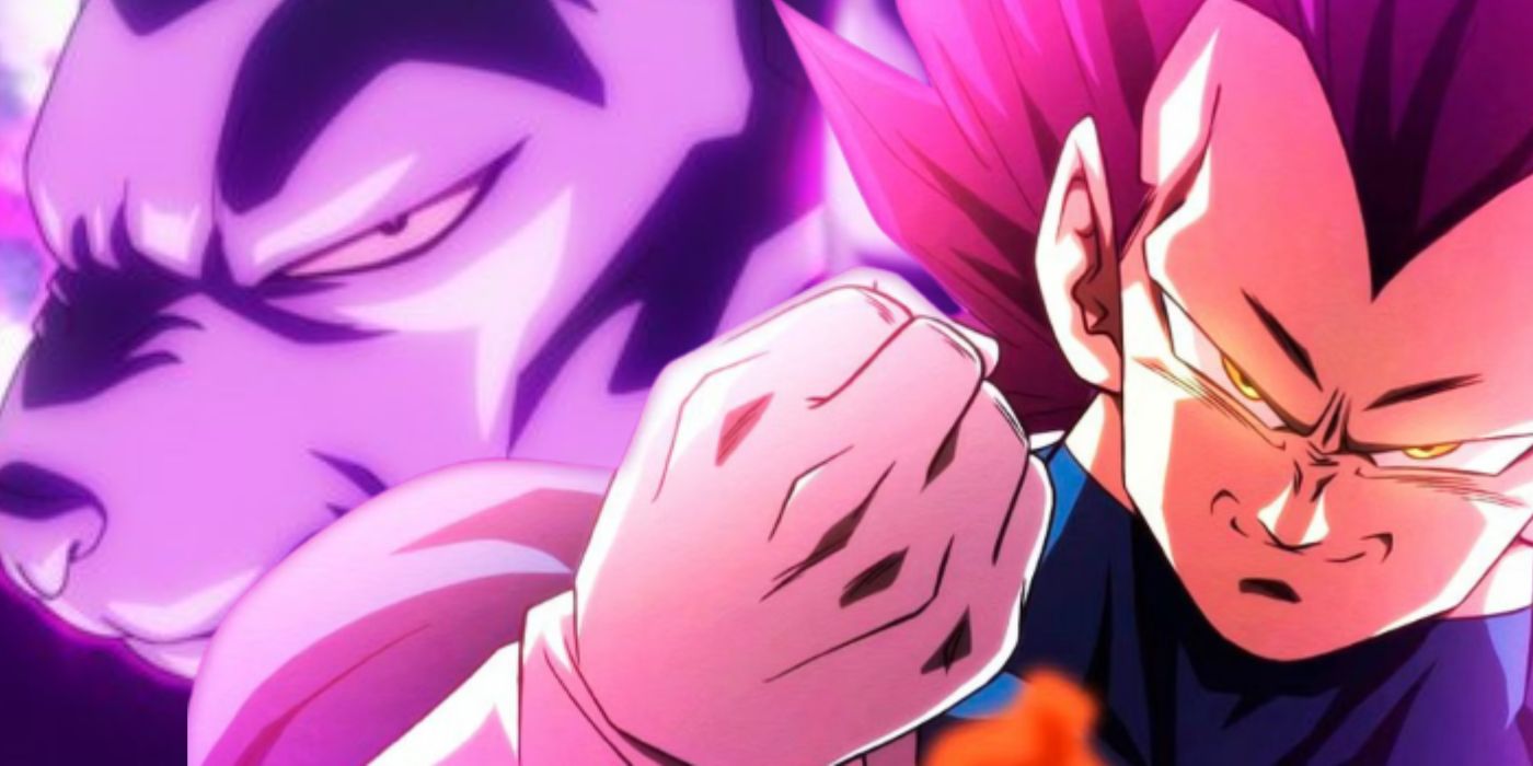 Image shows a very buff Vegeta emitting purple aura with a confident smile and his fist clenched. His hair is bright puple signalling his Ultra Ego form as Beerus looks determined in the background.