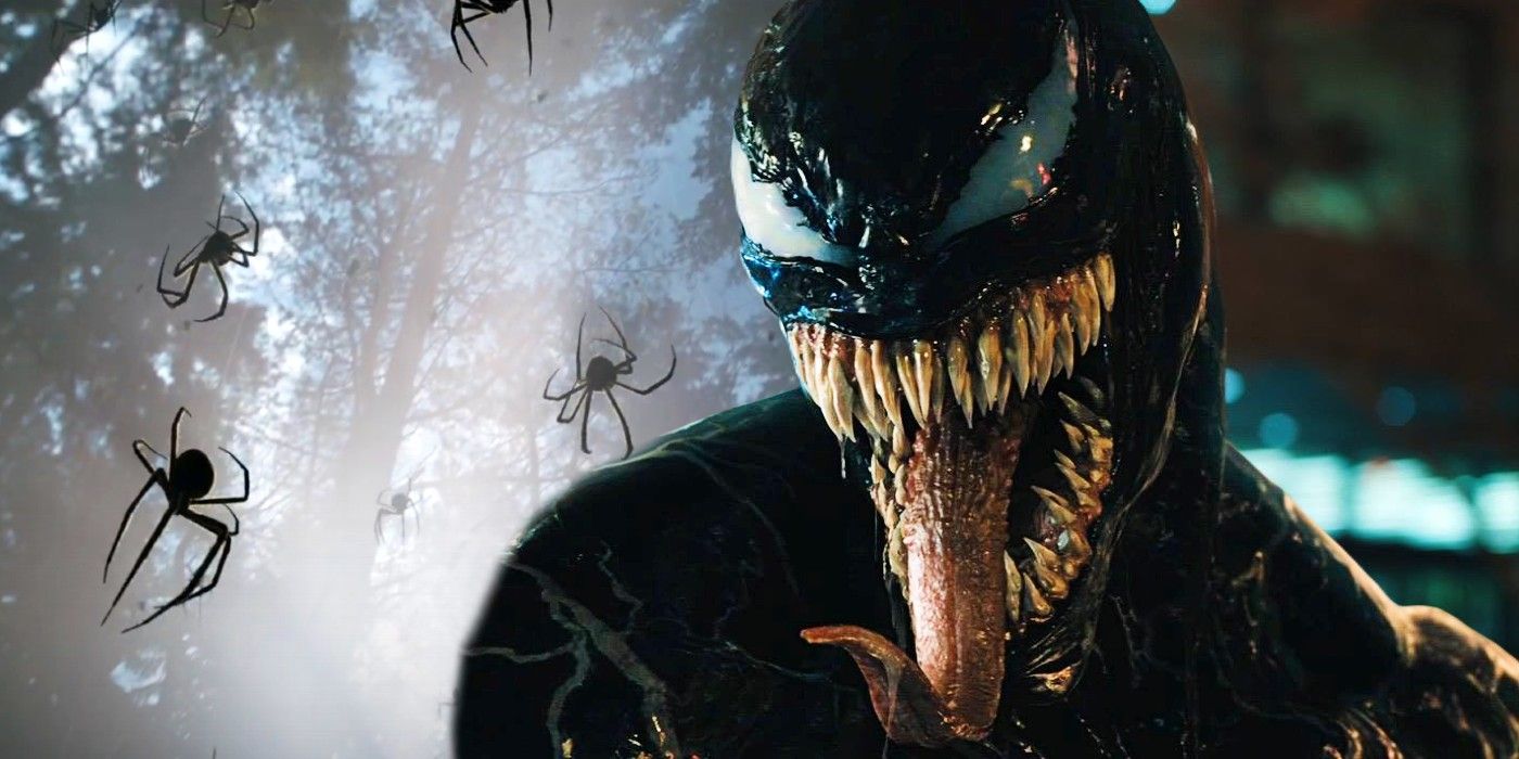 Custom image of Tom Hardy's Venom and falling spiders in a forest from Kraven The Hunter's trailer.