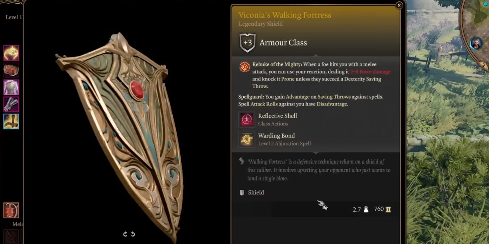 Screenshot showing the item description for Viconia's Walking Fortress a shield in Baldur's Gate 3.