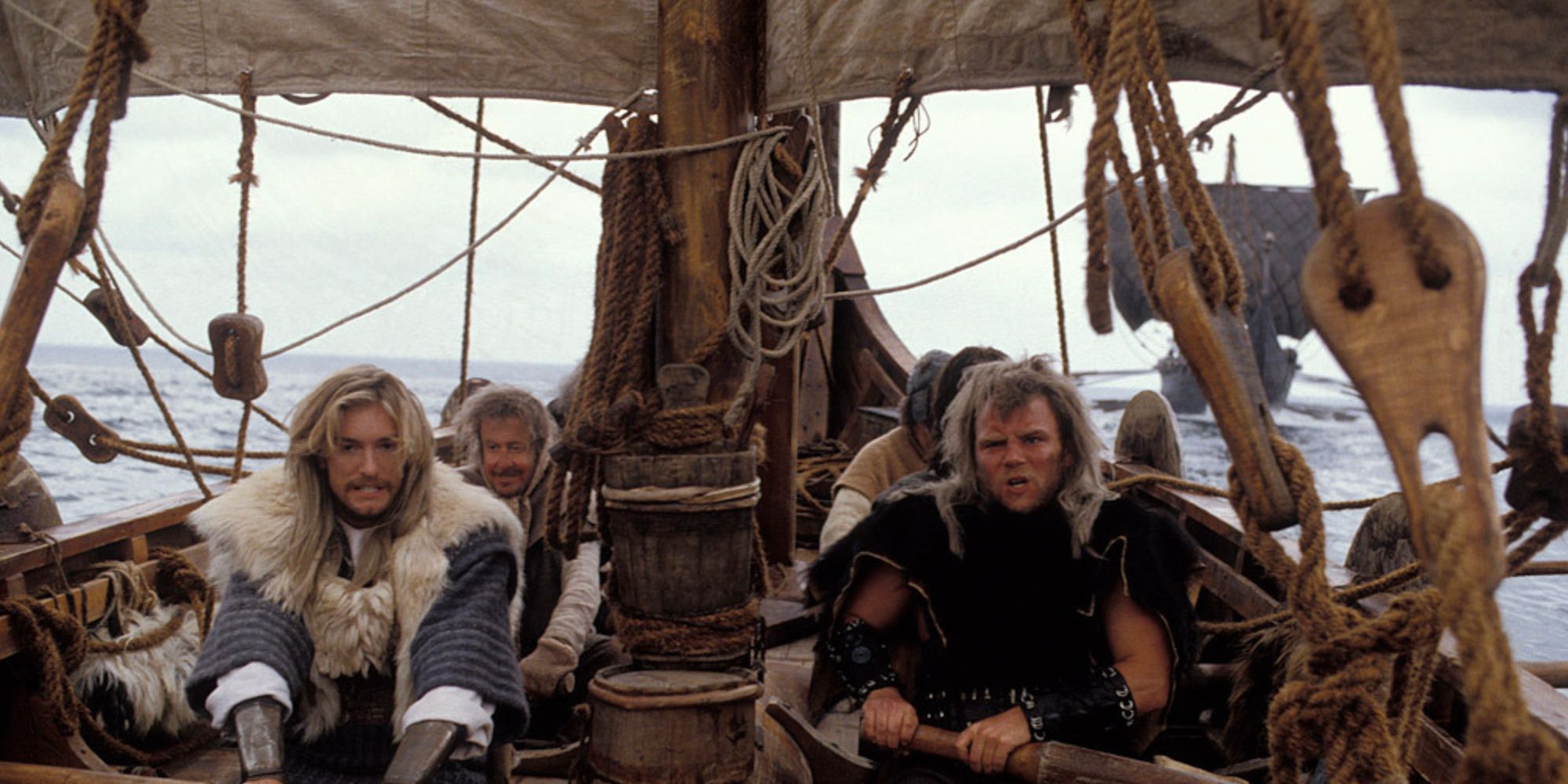 Vikings rowing on a boar in the 1989 movie Erik the Viking