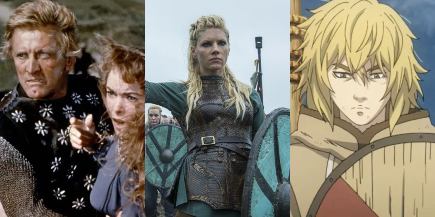 A side by side image features characters from The Vikings 1958 movie, Vikings TV drama, and Vinland Saga anime