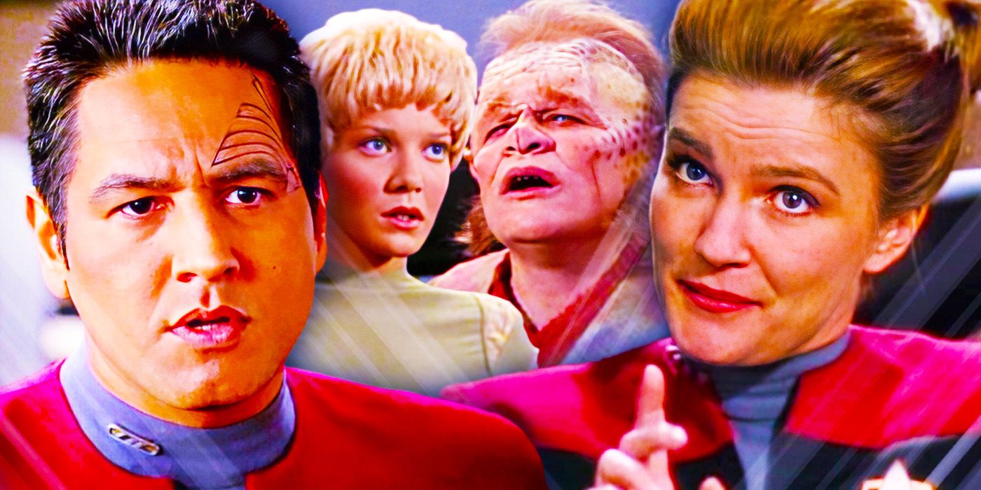 Chakotay, Kes, Neelix, and Janeway from Star Trek: Voyager.