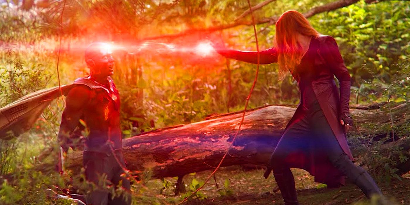 Wanda Maximoff destroying the Mind Stone and Vision in Avengers Infinity War