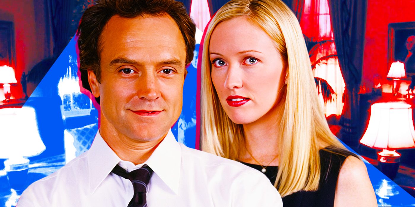 Collage of Josh and Donna in The West Wing with red, white & blue accents