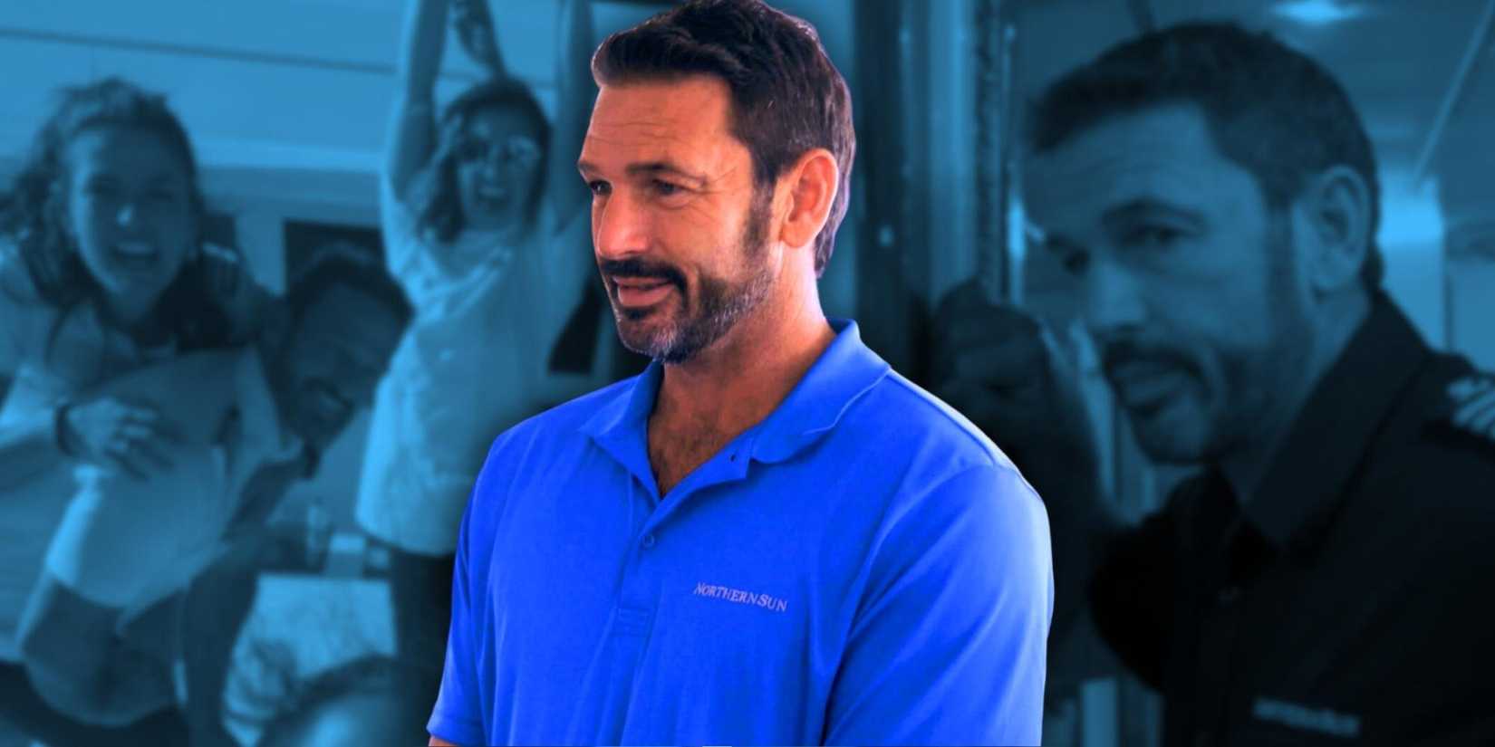 Captain Jason Chamber from Below Deck Down Under with crew members in the background wearing a blue shirt