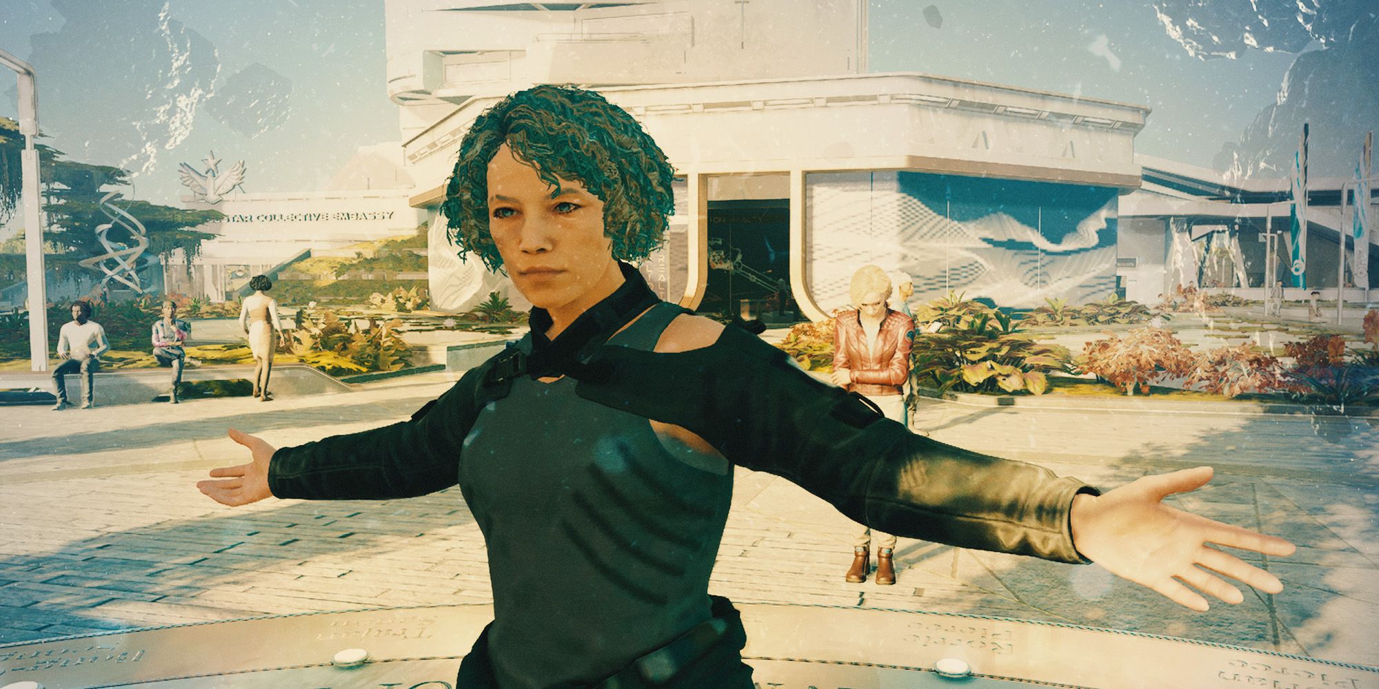 A female Starfield character with arms outstretched in a courtyard.