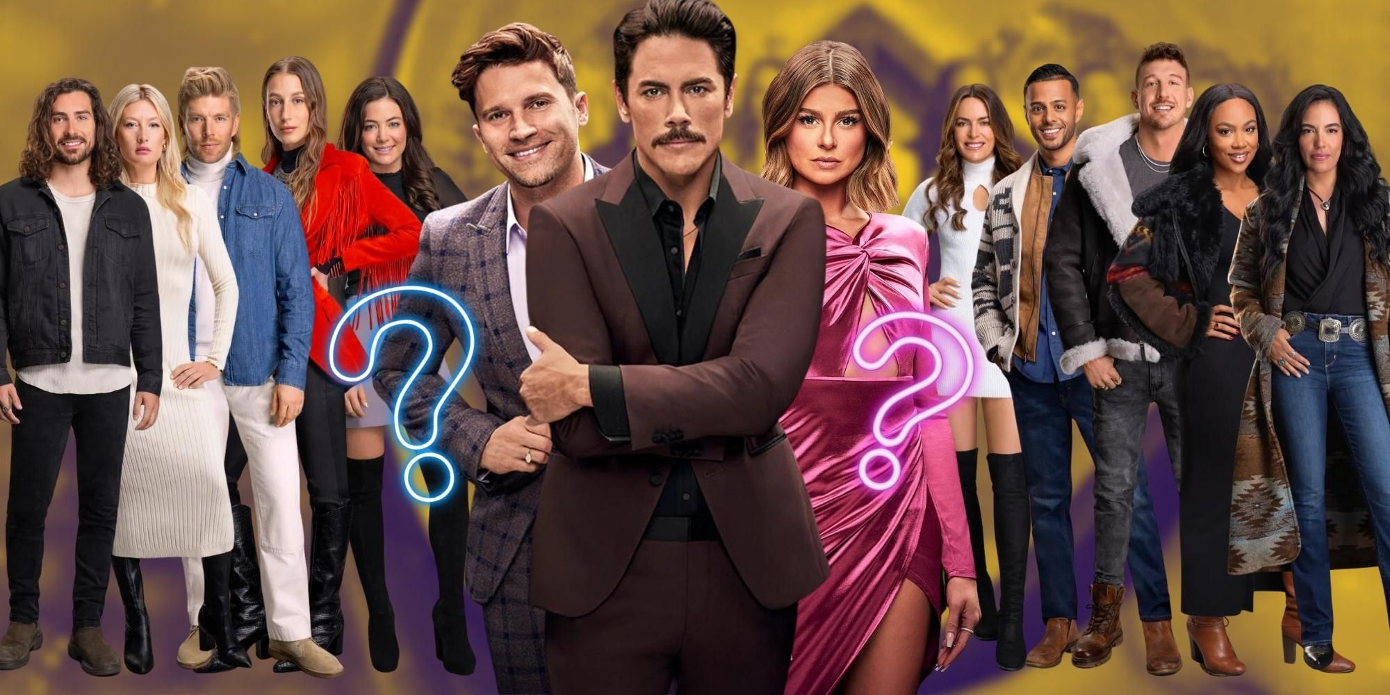 Winter House cast with Vanderpump Rules stars Tom Schwartz, Tom Sandoval and Raquel Levis, with blue and pink question marks