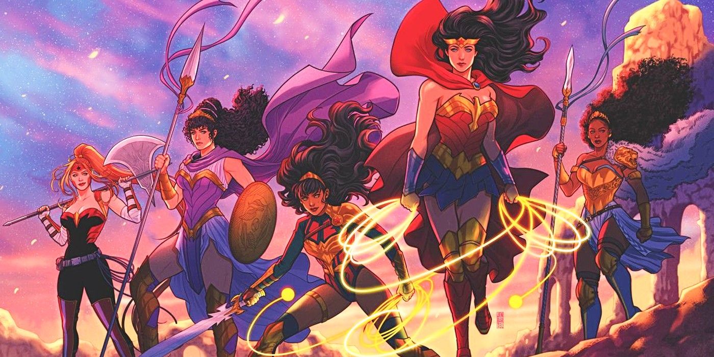 Comic book art: Wonder Woman and Amazons, arrayed for battle (DC Comics)