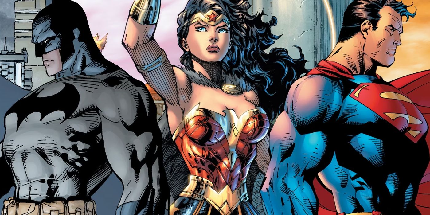 DC Trinity; Batman (left) Wonder Woman (center) and Superman (right) against a city backdrop.