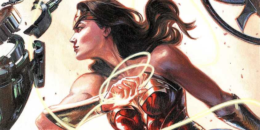 Feature image: Wonder Woman looking left, holding her Lasso of Truth