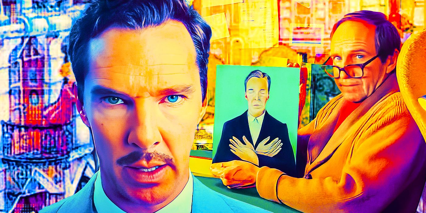 Henry Sugar (Benedict Cumberbatch), next to Roald Dahl (Ralph Fiennes) holding a painting of Henry