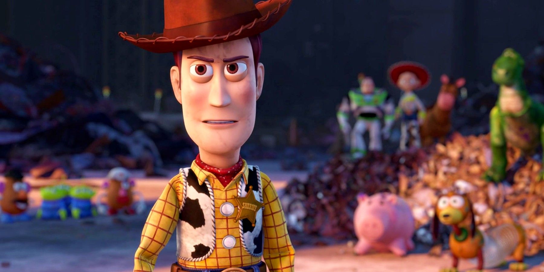 Woody looking annoyed with the toys in the back in Toy Story 3