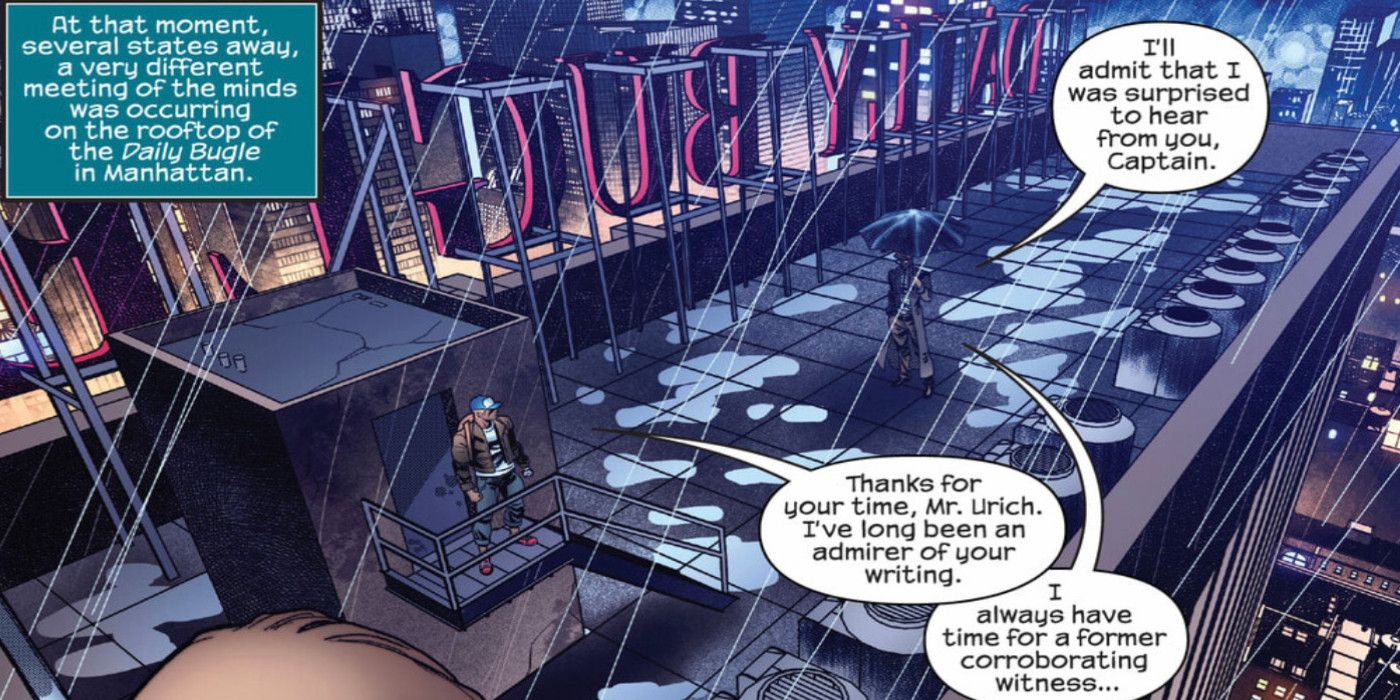 Ben Urich meets Captain America on a rainy rooftop