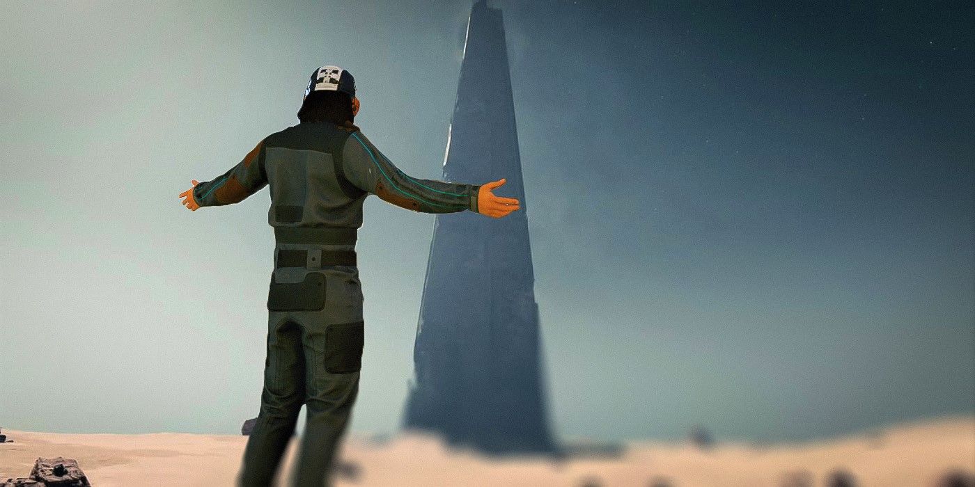 A Starfield character with the London landmark, The Shard.