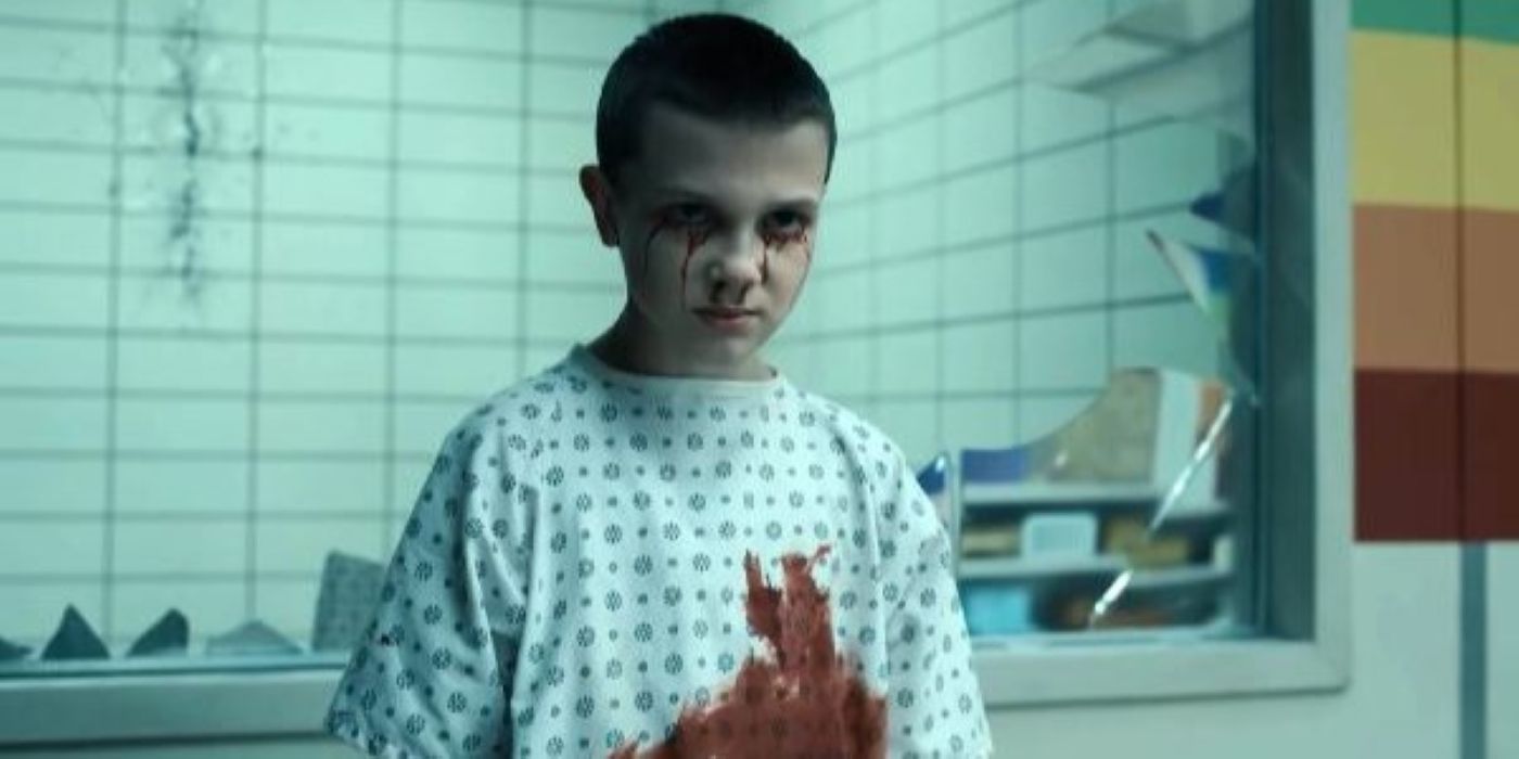 Young Eleven bleeding from eyes after using her powers in Stranger Things.