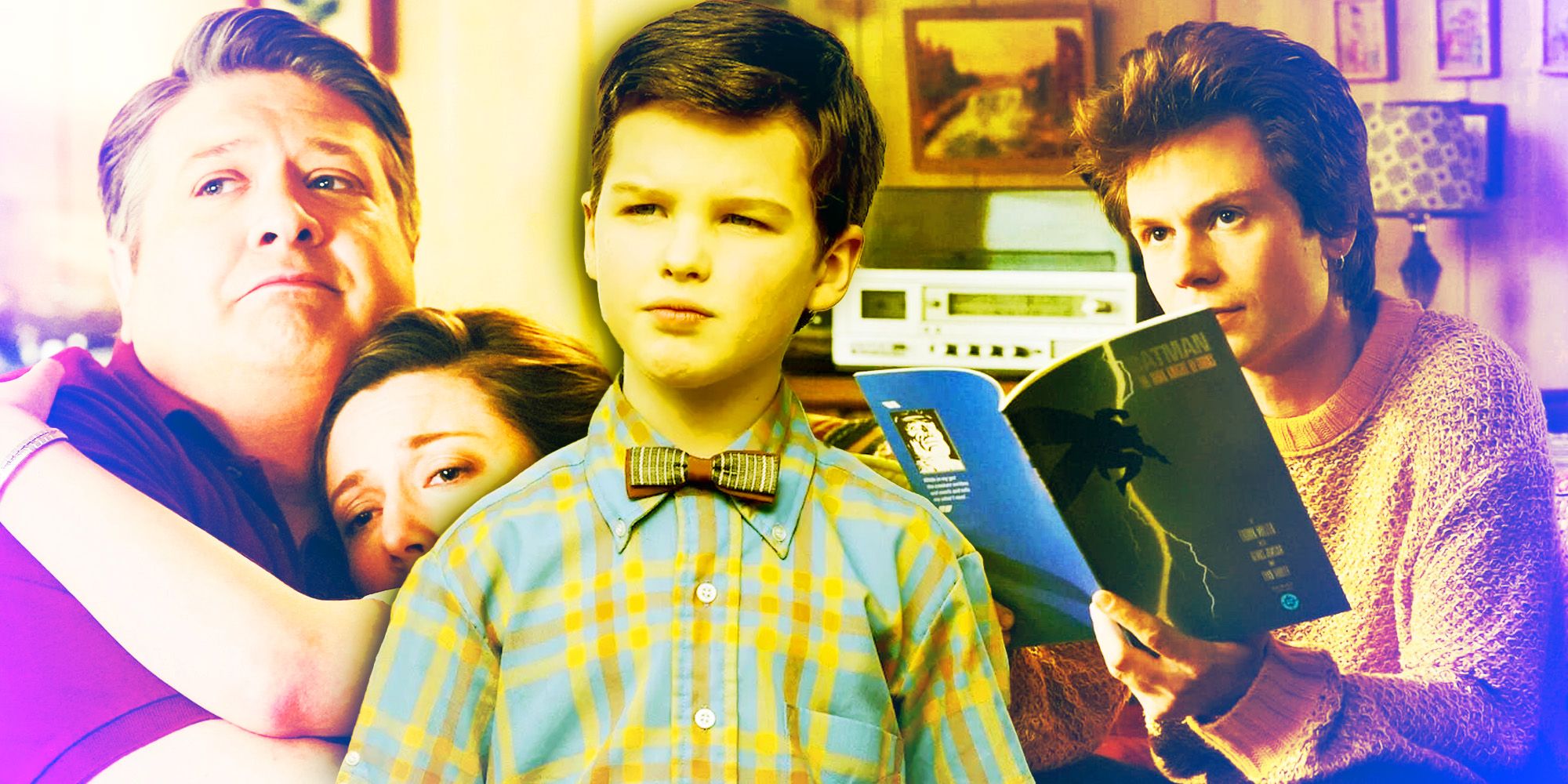 Young Sheldon best episodes collage with Sheldon, his parents, and Georgie.